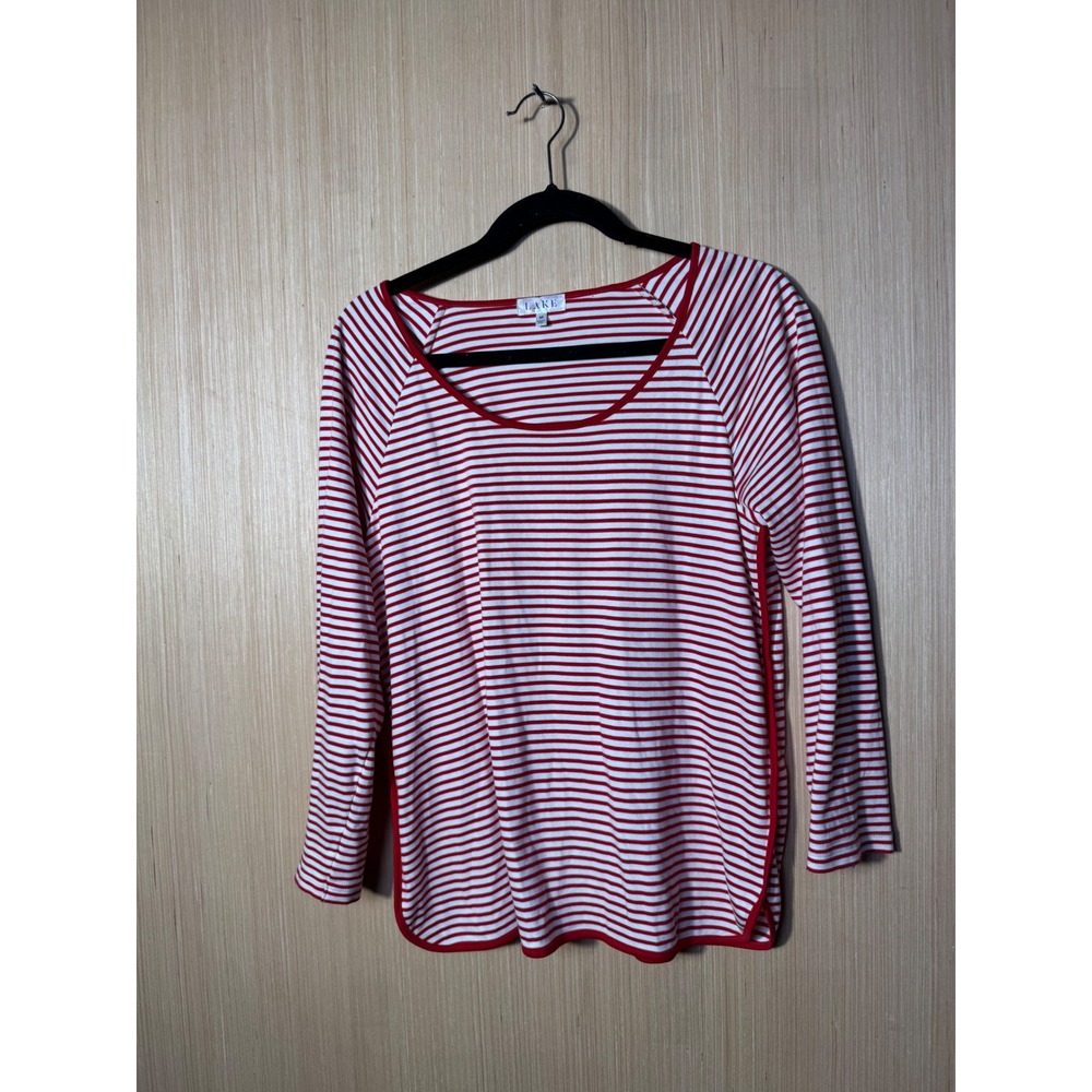 LAKE Pajamas Womens Medium Red White Striped Pima Cotton Long Sleeve Lounge Top